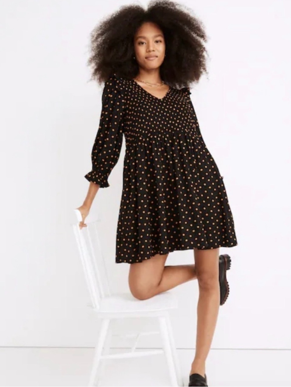 Madewell Black and tan polka dot Fit and Flare V neck Dress Size S